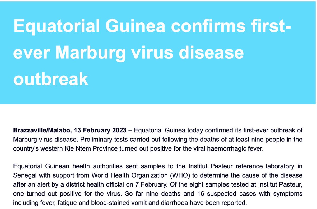 1. The hemorrhagic fever illnesses recently detected in Equatorial Guinea have been confirmed as #Marburg fever, <a href="/WHOAFRO/">WHO African Region</a> confirmed today. Though there has only been 1 positive test so far, there have been a total of 16 suspected cases, 9 of whom have died.