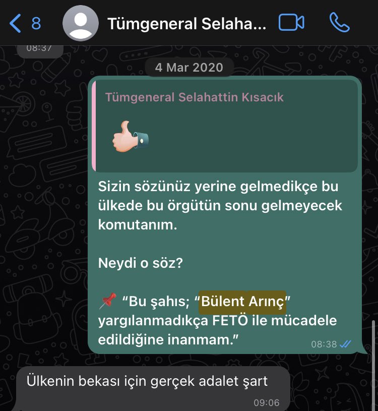 Genelkurmay Özel Kuvvetler Komutanlığı, Seferberlik Tetkik Kurulu Dairesi Kozmik Oda Başkanı Emekli Tümgeneral Selahattin Kısacık ile 4 Mart 2020’de WhatsApp’tan görüşmüştük. Ben komutanımıza “Bülent Arınç yargılanmalı” dediğimde “ülkenin bekası için gerçek adalet şart” demişti.