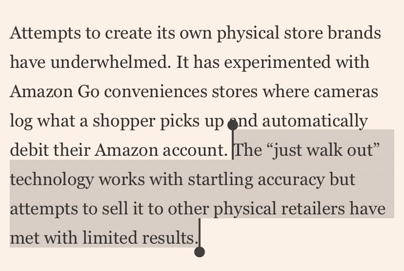 Good roundup of Amazon’s current difficulties which includes this nugget. If “just walk out” shopping is so good, why isn’t it more widespread? on.ft.com/3lBv3WA