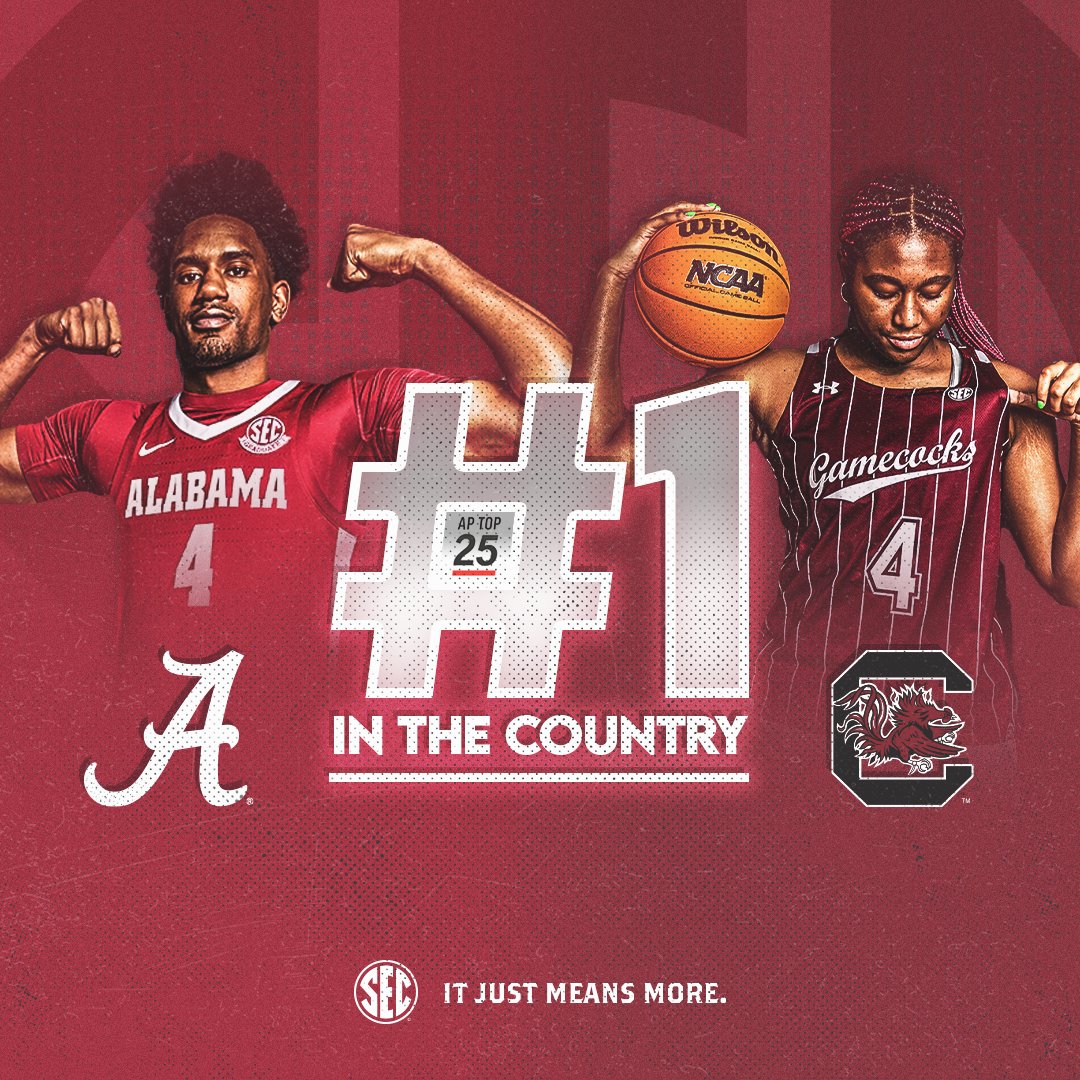 SEC's tweet photo. 𝒔𝒆𝒕𝒕𝒊𝒏𝒈 𝒕𝒉𝒆 𝒔𝒕𝒂𝒏𝒅𝒂𝒓𝒅. 💪

#𝟏 @AlabamaMBB 🤝 #𝟏 @GamecockWBB 

#ItJustMeansMore https://t.co/ZSScJmR3xD