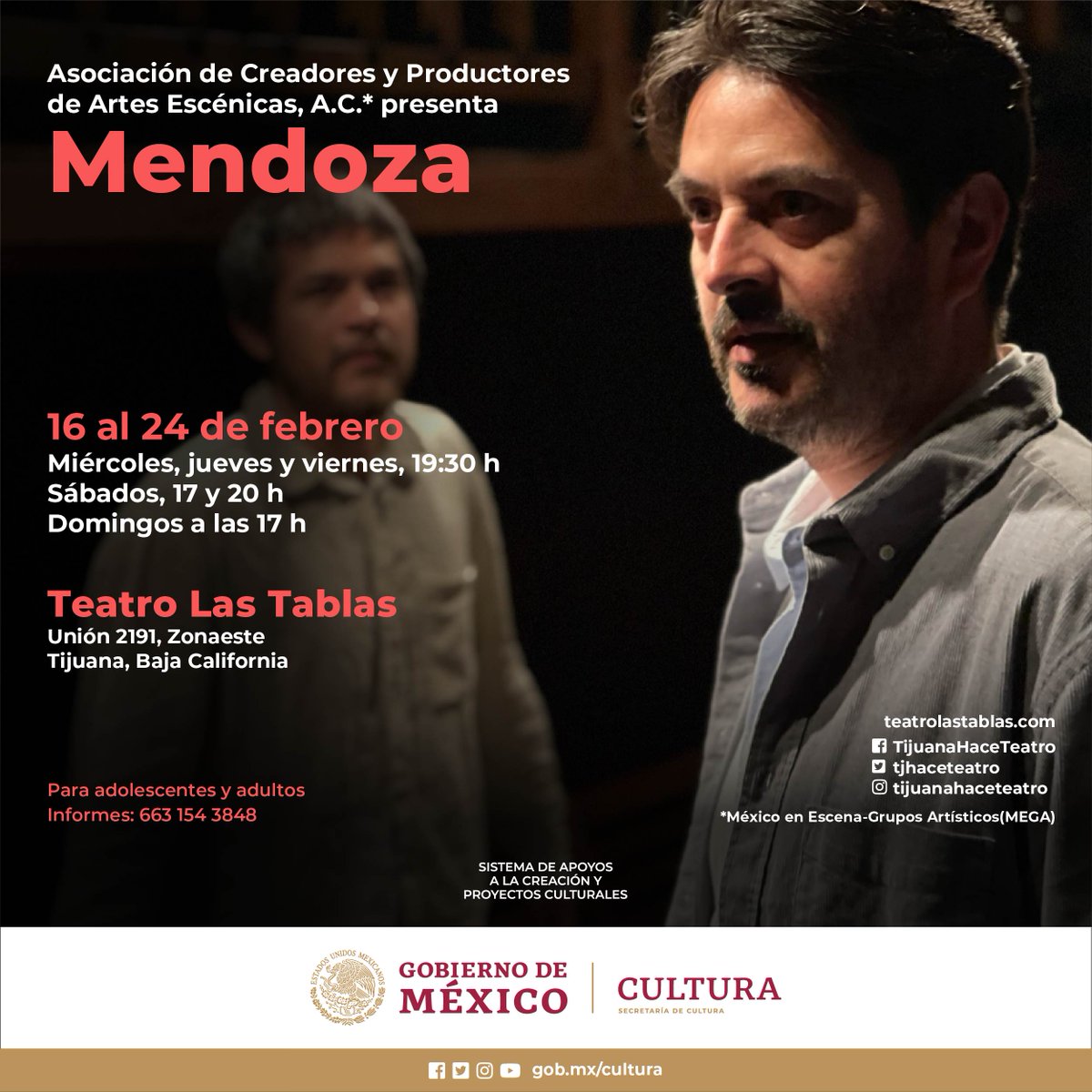 🎭“Mendoza” es un general en época revolucionaria a quien el destino le tiene preparada una noticia que pondrá a prueba su lealtad y ambición. Disfruta esta obra de <a href="/TjHaceTeatro/">Tijuana Hace Teatro</a> (MEGA).

📅16 a 24 de febrero
📍<a href="/LasTablasTeatro/">Teatro Las Tablas</a>, #Tijuana
🎟bit.ly/3lwdNlx

<a href="/cultura_mx/">Secretaría de Cultura</a>