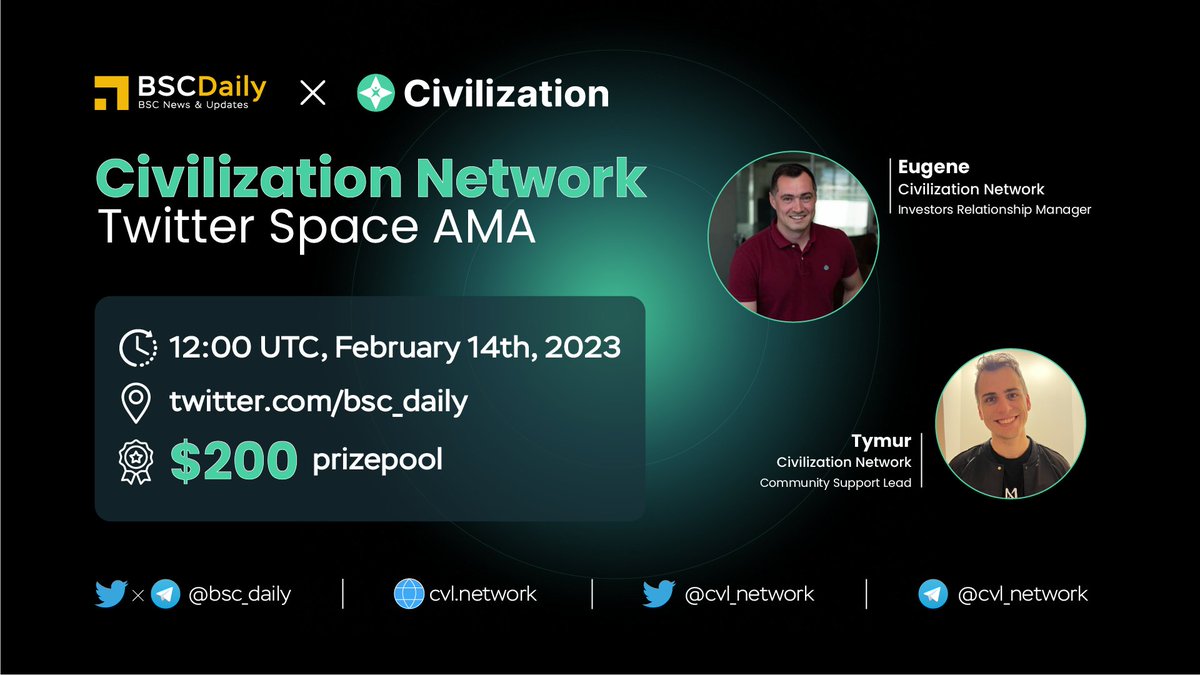 We’re excited to host an AMA with <a href="/cvl_network/">Civilization Network</a>

❓ AMA type: Twitter Space

🗓 Date: Feb 14th at 12PM UTC

📍 Venue: x.com/i/spaces/1mrGm…

💰 Prize Pool: $200

👉 How to win prizes?
1️⃣ Complete Galxe: galxe.com/bscdaily/campa…
2️⃣ Ask questions in the space!
