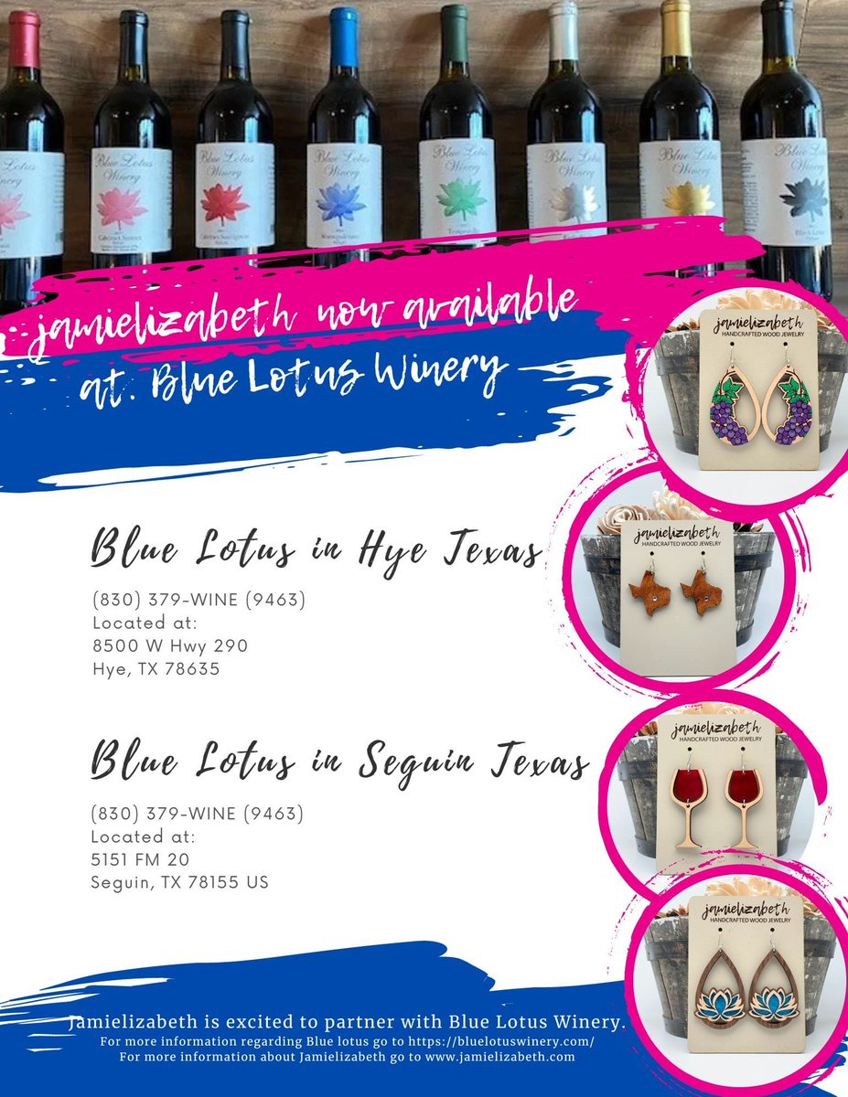 K_Amess's tweet photo. My favorite earrings have partnered with @bluelotuswinery #jamielizabeth #bluelotuswinery #earrings #art #handmadeintexas #wine #texas #texaswinecountry #texaswine #winery https://t.co/YvMK6ZqXgr