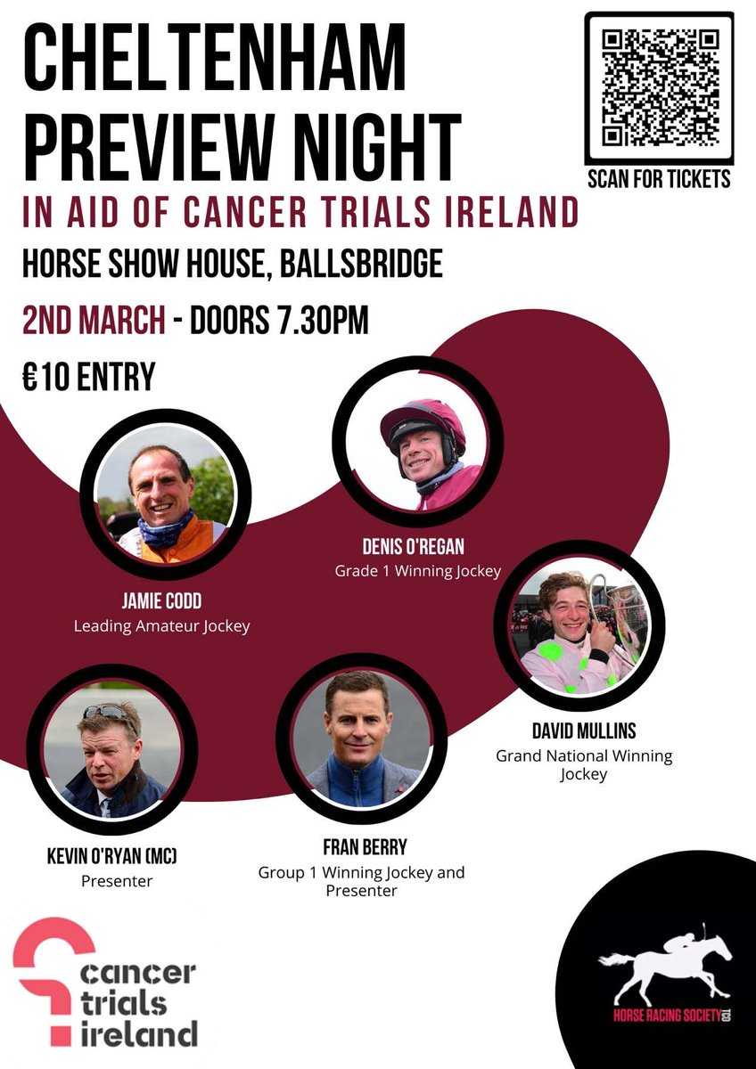 IT’S HERE! The best 2023 Cheltenham Preview panel around! Tickets only €10 with proceeds going to the amazing charity of Cancer Trials Ireland - not a night to be missed. ‼️ALL WELCOME‼️Whether you’re coming for the tips, the pints, or just the craic, we have it. GET THEM NOW!!!