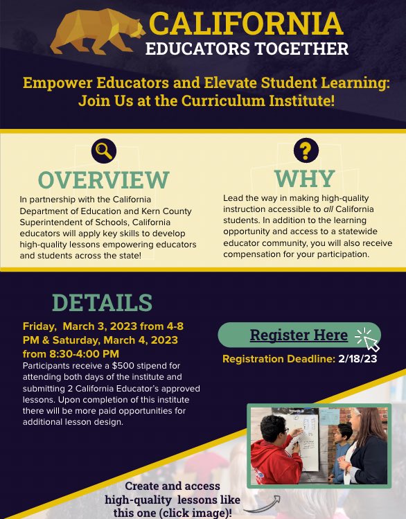 Join a statewide cohort of California educators to learn about and develop high-quality instructional materials! 
Our second  Curriculum Institute will take place via Zoom on March 3rd and 4th!
Register Here: kern.k12oms.org/1500-230085