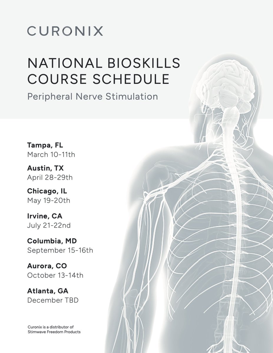 Curonix is happy to announce our 2023 National PNS Bioskills Course calendar. Please contact your local Curonix representative for more information. 

#Curonix #BioskillsCourse #Innovation #PNS #SCS #Neuromodulation