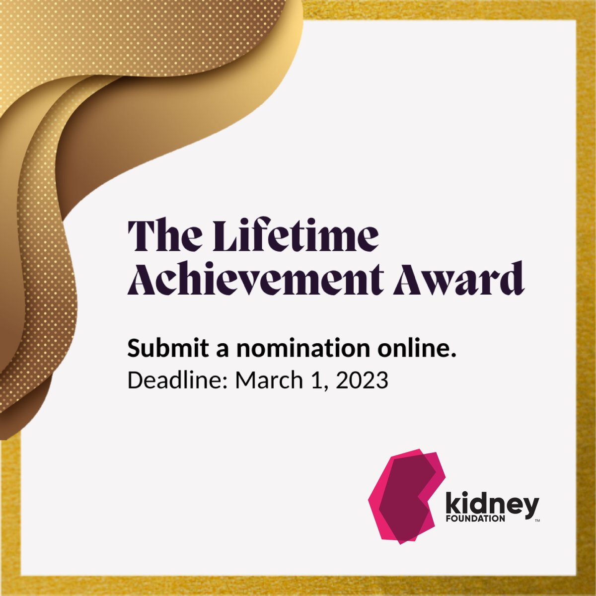 A new #LifetimeAchievementAward will join our annual awards list for the 2023 National Recognition Awards Program to recognize exceptional long-term service to the Foundation’s mission. Know anyone who fits the description? Nominate them here: kidney.ca/About-Us/Recog…
