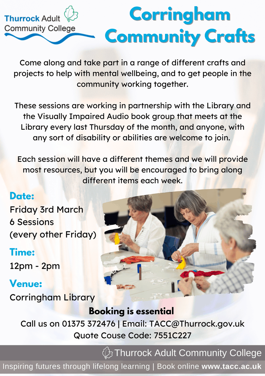 thurrockACC's tweet photo. Join us at Corrigham Library on Friday 3rd March, 12pm - 2pm, for our Corrigham Community Crafts session!
To enrol call us on 01375 372476 π¨
#learninginthecommunity #lovelearning #Teamtacc #crafts https://t.co/7NxYqFZ7QP