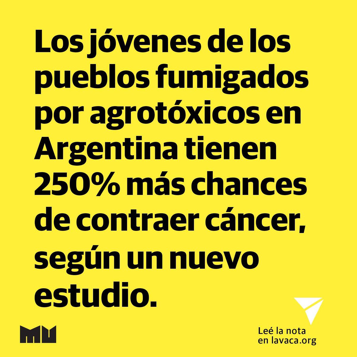☠️ Se publicó un estudio que establece que en los pueblos fumigados de Argentina la mortalidad por cáncer en la población de 15 a 44 años es al menos 2,5 veces mayor (un 250% más) que en el resto del país.
lavaca.org/notas/tropico-…