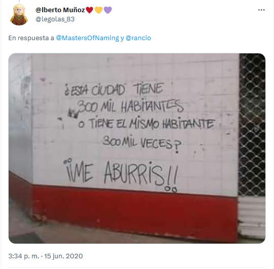 Futaugas's tweet photo. ¡Me aburrís!
#Ciudad #Habitante. #300mil habitantes. https://t.co/2UfhHgX9t7
