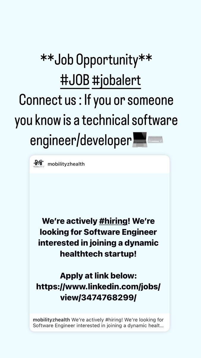 MobilityZHealth's tweet photo. #Job #JobAlert #jobopportunity #startups #healthstartup https://t.co/ugcoTlI1Lx