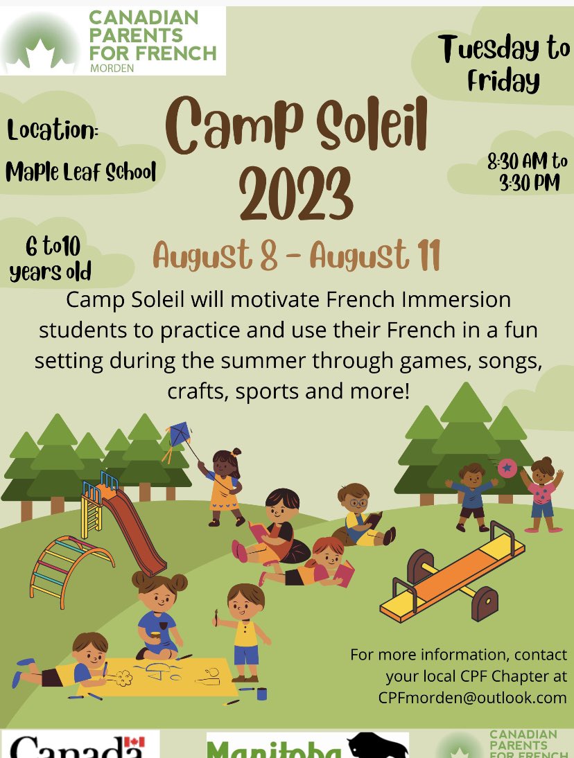 CpfMorden's tweet photo. Save the date!  COF Morden will be hosting a 4 day French summer camp for students currently in Grades 1-4 French Immersion. More details regarding cost and registration will be sent out through email and social media once available. Questions? Email cpfmorden@outlook.com https://t.co/BBXXv4MmAC