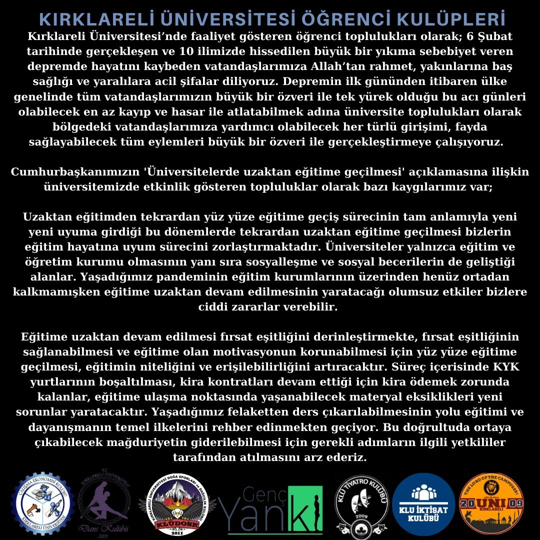 klugencyanki's tweet photo. Kırklareli Üniversitesi Öğrenci Toplulukları Olarak Ortak Açıklamamız https://t.co/5dpHoLJrET