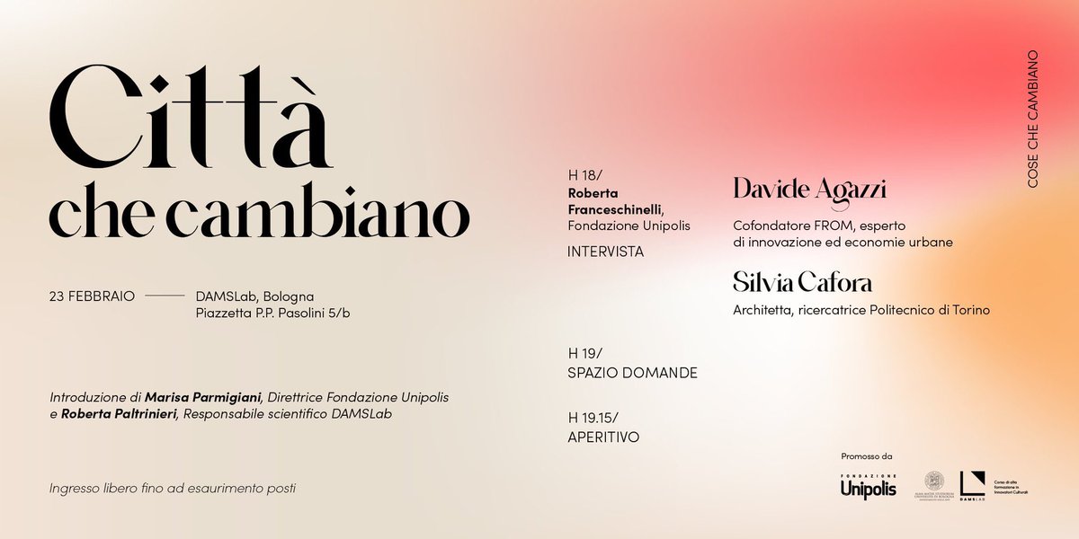 23 febbraio, ore 18 | DAMSLab #Bologna > Città che cambiano.

Un'intervista doppia de <a href="/larobbi/">Roberta Franceschine</a> a <a href="/davideagazzi/">Davide Agazzi</a> e Silvia Cafora del <a href="/PoliTOnews/">Politecnico di Torino</a> per parlare di scenari urbani in costante mutamento. Processi di rigenerazione, diritto all'abitare, etc.
#cosechecambiano #Bologna