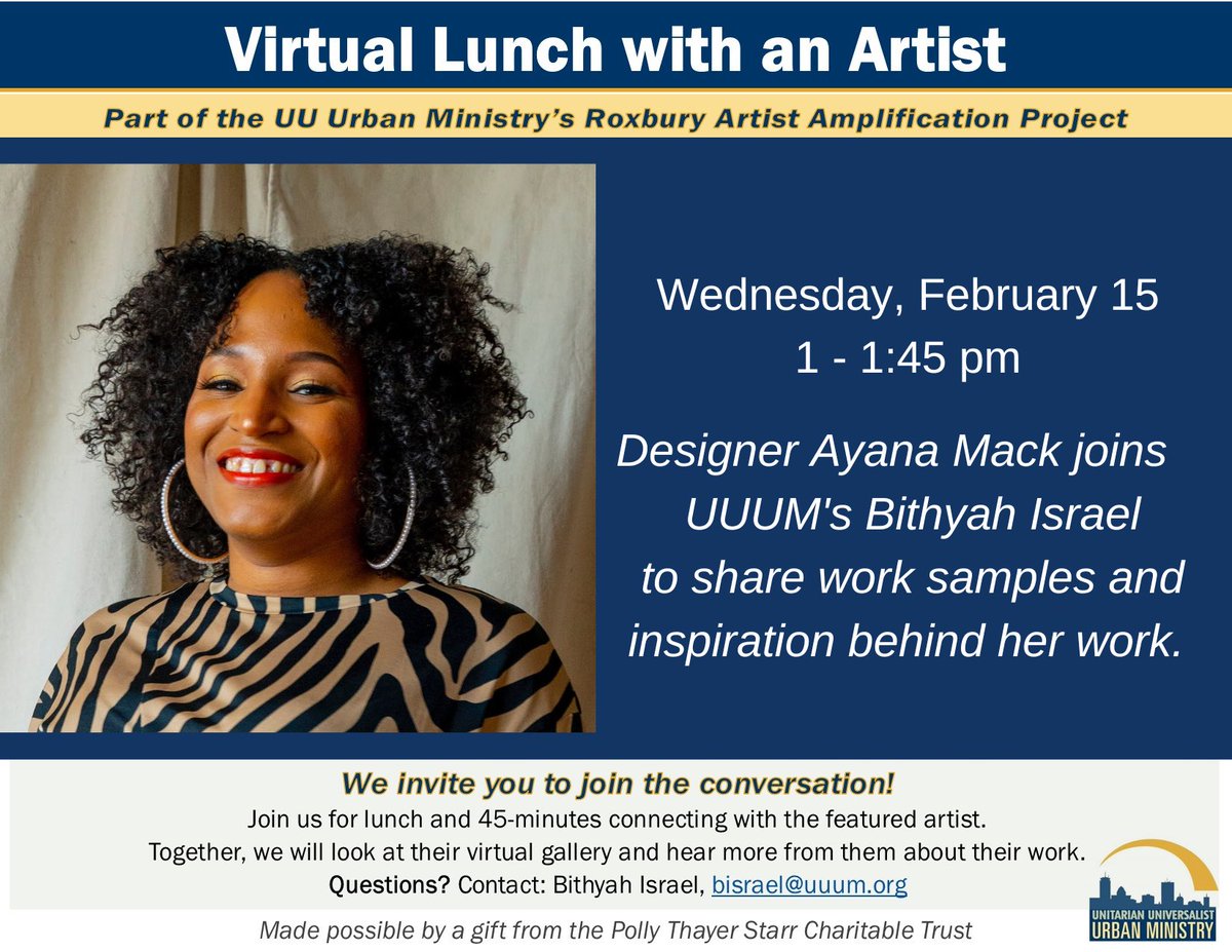 Join me this Thursday for a 45 min. virtual conversation “Lunch with an Artist.” Learn more about the inspiration behind my work, upcoming projects, events and ways we can work together in 2023 🎊

Visit <a href="/uuurbanministry/">UU Urban Ministry</a> link in bio for the event info!