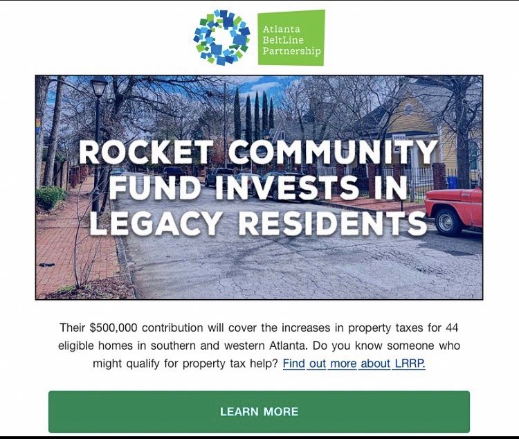 SirDelvin's tweet image. Do you know any legacy residents who may qualify for property tax help? The Rocket Fund has been established by The Partnership for Southern Equity and The Atlanta Beltline. The fund is to help legacy residents in beltline neighborhoods. 

@PSEquityMatters @AtlantaBeltLine