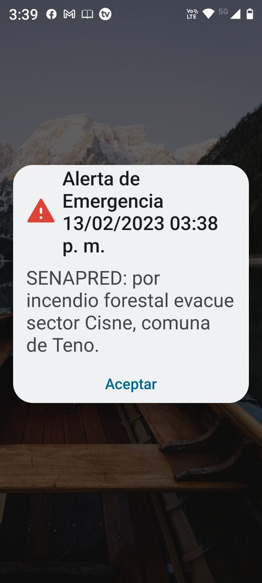 AHORA: Bomberos de #Teno da tercera alarma forestal para el sector de El Cisne. En el lugar, Bomberos de #Romeral, #Curicó, Molina, #SagradaFamilia y la Conaf.
Hay evacuación preventiva para casas amenazadas por el fuego.
Además, Se activa la alerta SAE.