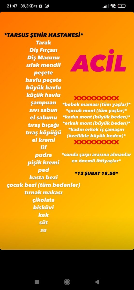 tarsus şehir hastanesi güncel ihtiyaçları
#tarsus #Mersin #adanadeprem #Adana #mersinkyk #çukurova adana veya mersin'den yardım göndermek isteyen olursa araçla alabilme imkanım var