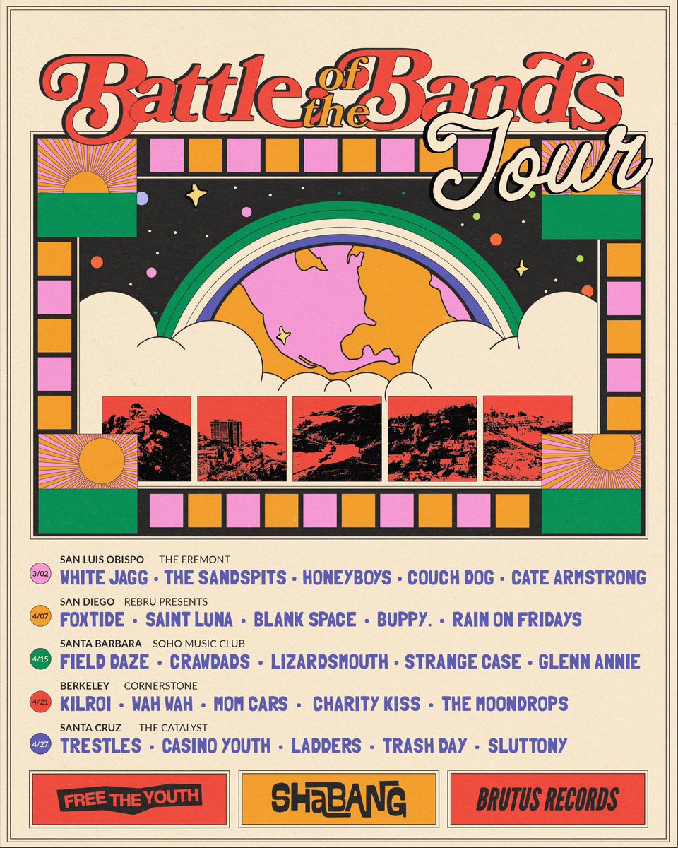 🎸 BATTLE OF THE BANDS LINEUP ANNOUNCE 🎸

Check out all the sweet bands playing in this year's Battle of the Bands tour, competing for the grand prize of $1,000, bragging rights, AND a slot to play at Shabang 2023! 

Tix: linktr.ee/shabangslo