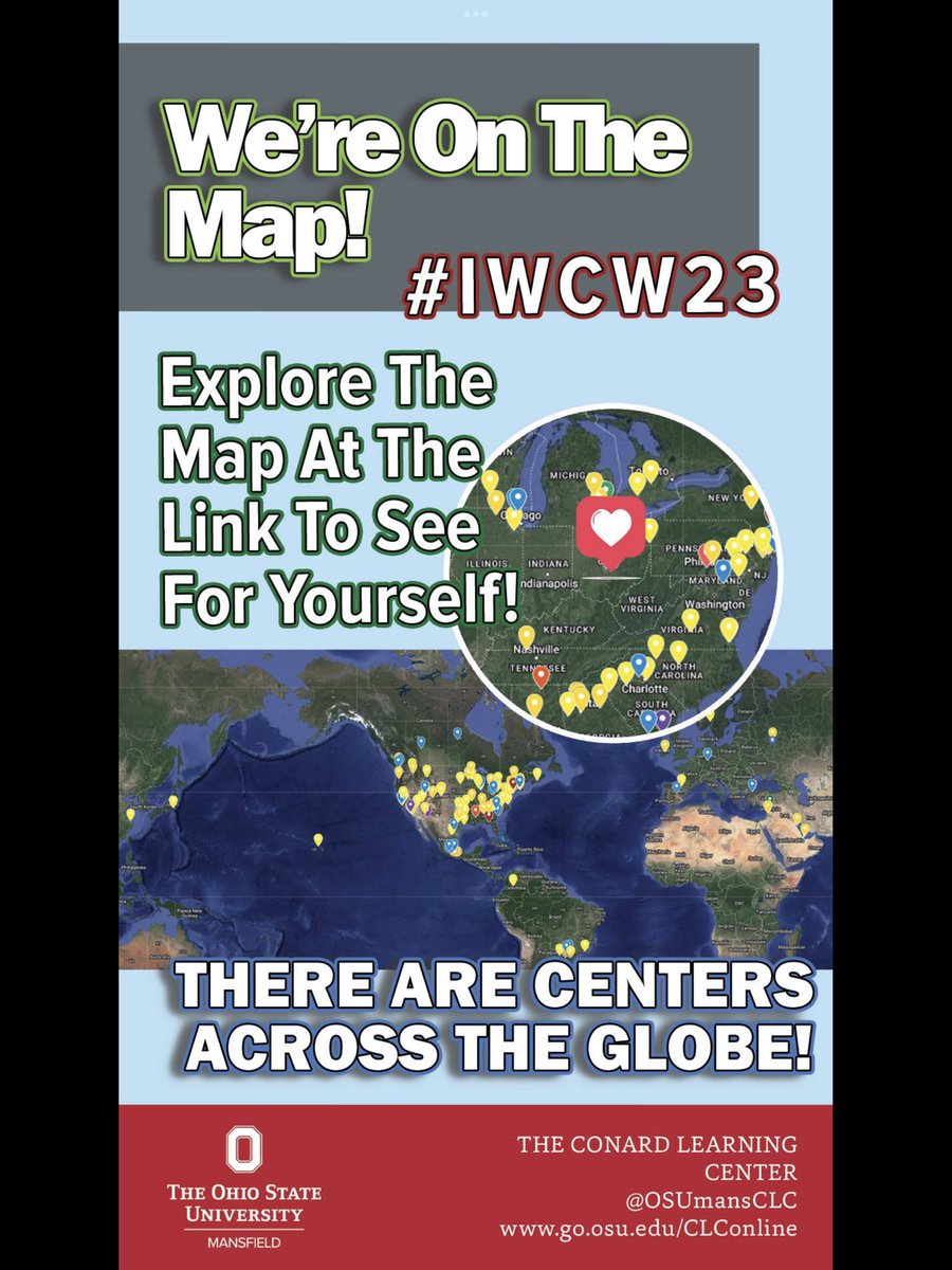 OSUmansCLC's tweet photo. We’re one Writing Center among many all over the world! Looks like we’re in great company, too! 😎 Check out the link to see us on the map! #iwcw23 #osumansfield  
https://t.co/L5dOW5ulKg https://t.co/rnFLtSQick