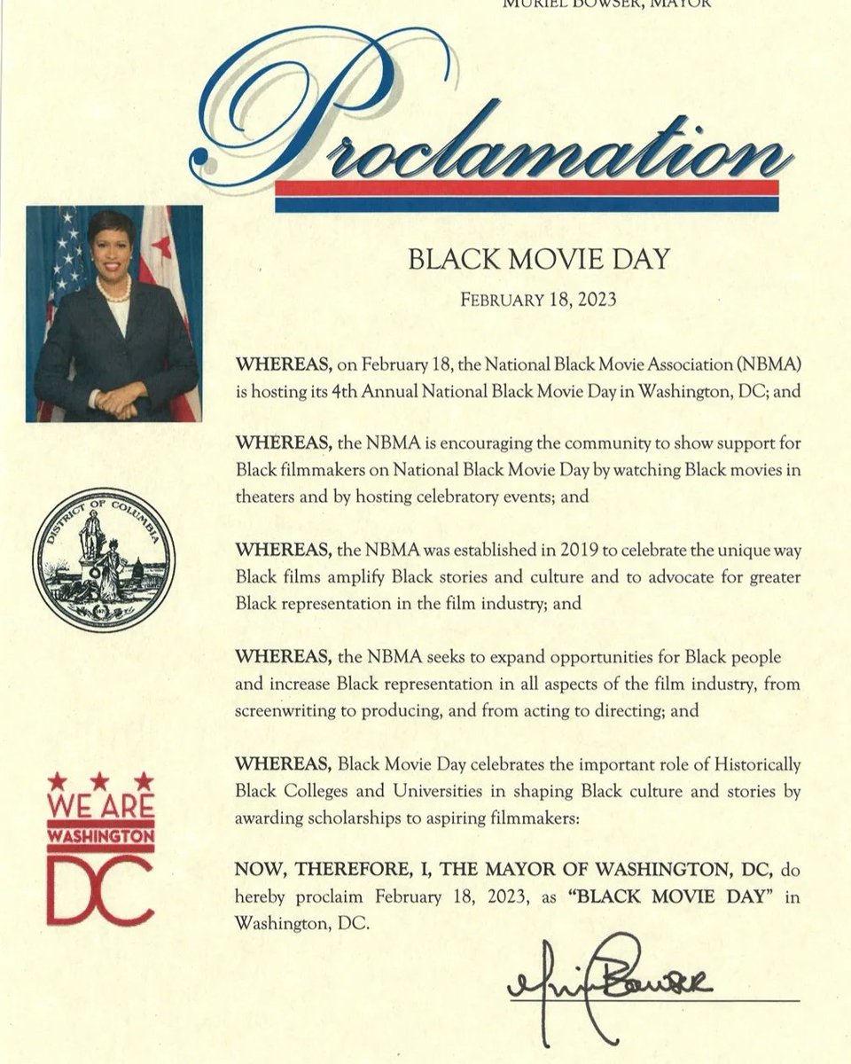 National Black Movie Day is Saturday, February 18, 2023! 

Thank you Warner Bros. Discovery and Washington, DC Mayor Bowser for investing and believing in the future of Black filmmakers.

#ISupportBlackCreatives #BlackFilmmakers #HBCU #NationalBlackMovieDay #BlackFilms