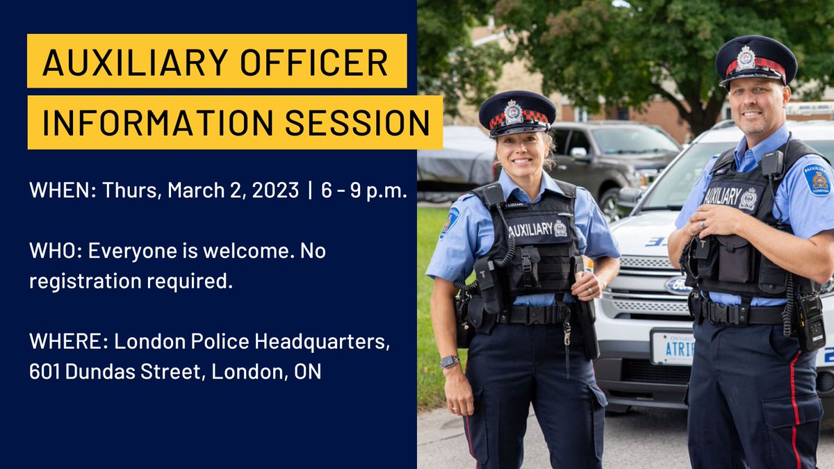 The LPS is recruiting Auxiliary Officers! 👮 🚔 Join our information session on March 2, 2023, from 6-9 p.m. at London Police Headquarters. Come out to meet London Police Auxiliary and ask any questions you may have. Apply by March 30. 👉 bit.ly/2VMtbcY #LdnOnt