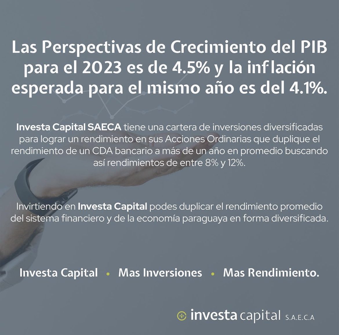 #Invirtiendo en #InvestaCapital podes duplicar el rendimiento promedio del sistema financiero y de la economía paraguaya en forma diversificada 

#InvestaCapital #MasInversiones #MasRendimiento #Paraguay #Inversiones #Investment #Investa #Capital #OportunidadesDeInversion