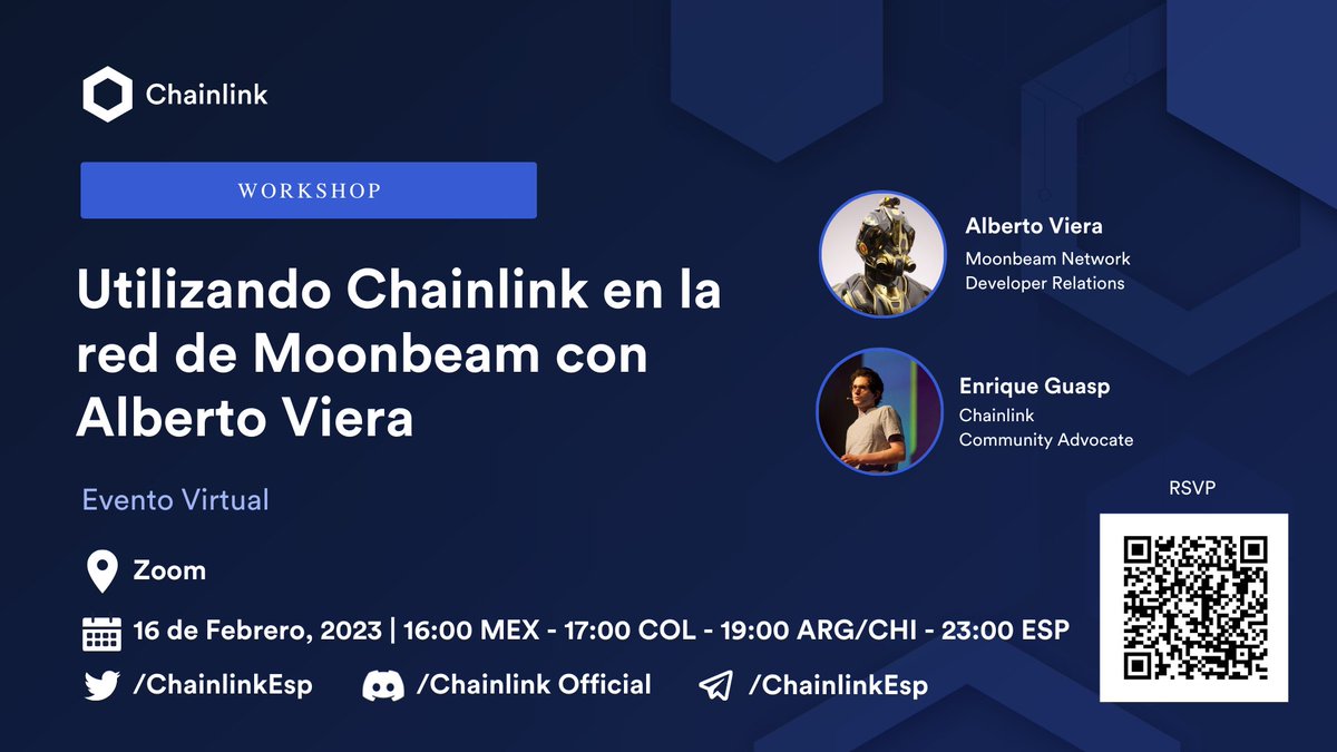 Anunciamos nuestro próximo #Chainlink Workshop junto a <a href="/theAlbertoV19/">Alberto V</a> y <a href="/MoonbeamES/">Moonbeam | Español</a> 

Los esperamos este jueves 16 de Febrero.

Entregaremos POAPs entre los Asistentes.

Registros: events.chain.link/events/details…