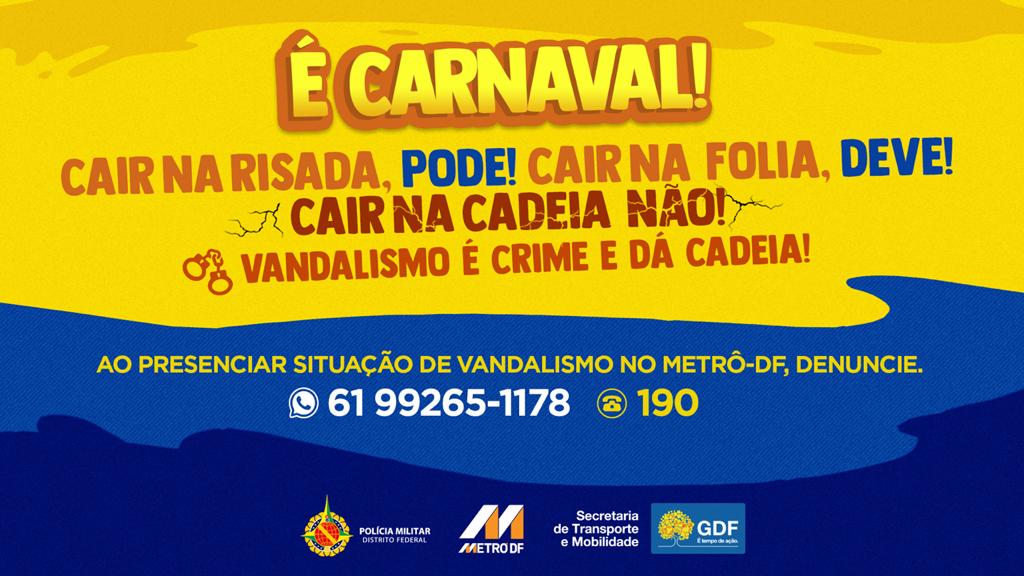 metrodfoficial's tweet image. O Carnaval está chegando e para aproveitar da melhor forma é preciso ter responsabilidade e celebrar de forma consciente.

Ao ver alguma situação de vandalismo, denuncie! Não deixe que esse tipo de ação passe despercebido.

#GDF2023 #MetroDF #Semob #PMDF #Carnaval2023