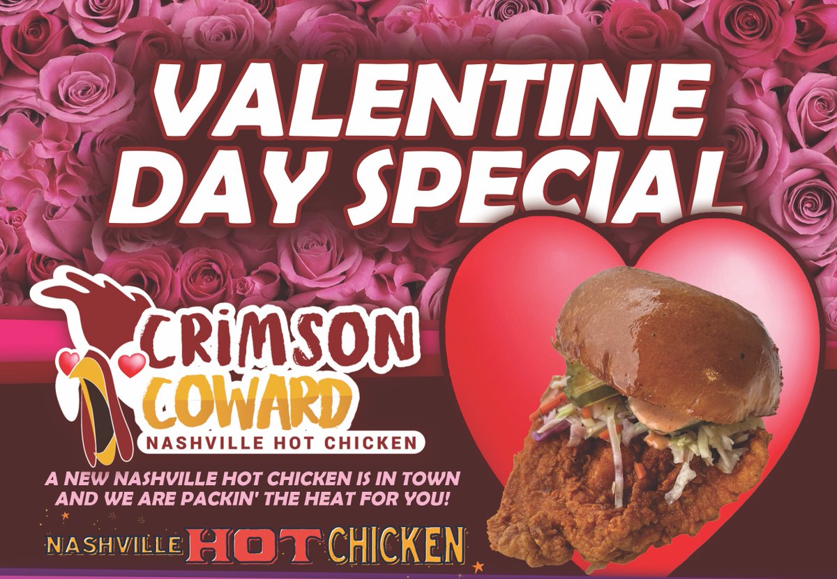 Nothing brings hearts together like a good food! Celebrate your valentine with Crimson Coward where best meals guaranteed.
#crimsonchicken #sandwiches #Valentine #superbowl #biggame #crimsoncoward #valentineday #halal #cravings #nashvillehotchicken #fries #tenders #Frisotx