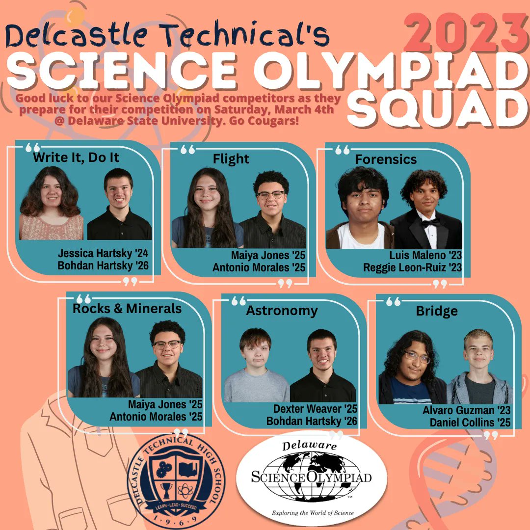 Good luck to our Science Olympiad competitors as they prepare for their competition on Saturday, March 4th @ Delaware State University. 🧪 🔬 #CougarNation #ScienceOlympiad @drcomegys #NCCVTworks @Supt_Jones