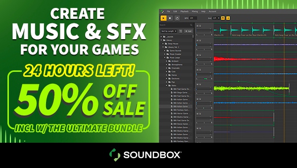 buildbox's tweet image. Only 24 hours left to save 50% on Soundbox or the Ultimate Bundle now with Soundbox included! ⁠ ⁠ 

Learn more here: signup.buildbox.com/plans/soundbox⁠

#sale #gamedesign #audiosoftware #music #sfx