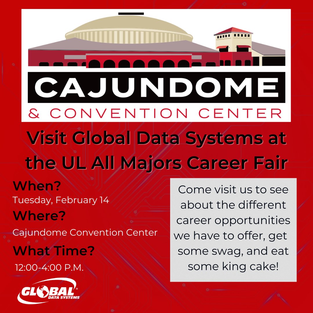 getgds's tweet photo. Hey Ragin' Cajuns! Come see us tomorrow at the @ULLafayette All Majors Career Fair at the Cajundome and learn about the different career opportunities available on #TeamGDS. https://t.co/x7JYDNtvlS