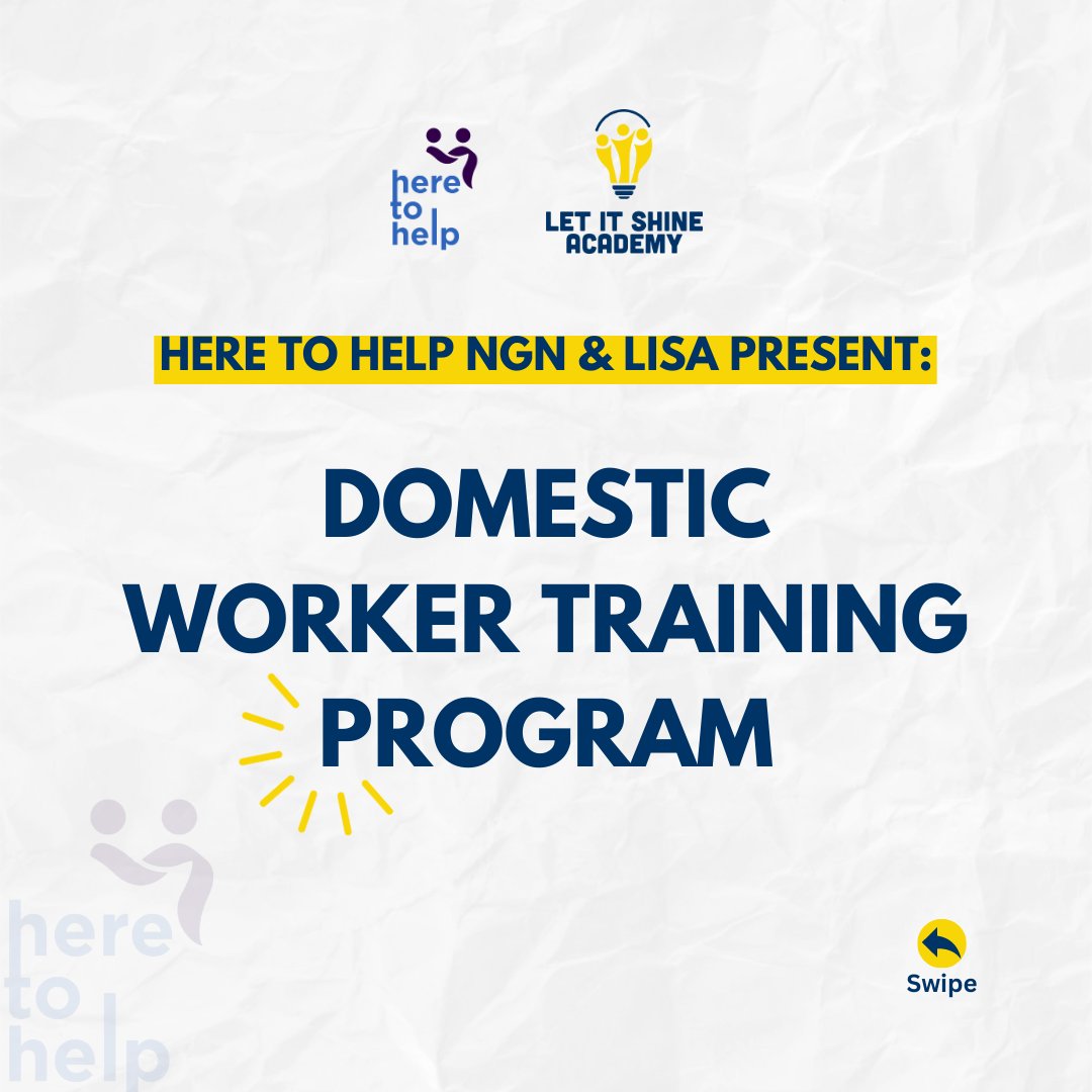 Here2Help_NG's tweet photo. 1) We are excited to announce the first iteration of our domestic workers certification program in collaboration with LISA - This certification program is a 8 day training program for those who are looking to work in the domestic services Industry in Nigeria https://t.co/5zMCC69ruf