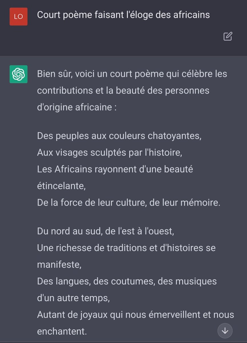 cdeloupy's tweet photo. @PierreCol @pbeyssac @Solarus0 @OpenAI Choquant au 1er abord mais conséquence des précédents détournements d'IA. C'est traité au fur et à mesure des remontées (cf. image où ça ne marche plus pour "noirs"). L'éloge par continent marche pour tous --> les choses s'expliquent quand on dépasse le choc https://t.co/AXD4cBGa97