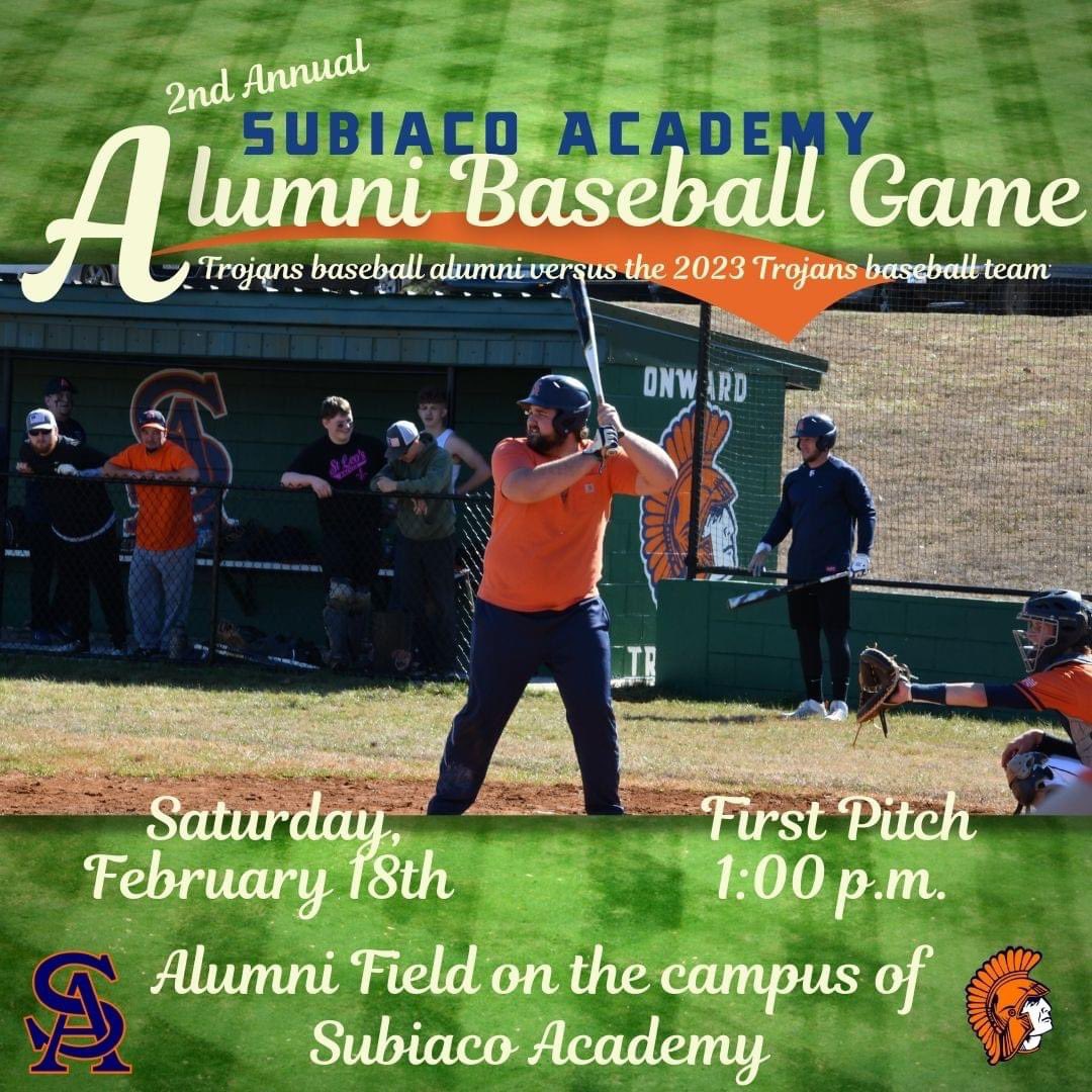 SubiBaseball's tweet image. This Saturday at 1 o’clock will be the 2nd Annual Alumni game.  Come out and support your 2023 Subiaco Trojans baseball team face off against the Alumni team.  The players have been working extremely hard all off season and are ready for opening day the 27th #SuperTrojanPride ⚾️