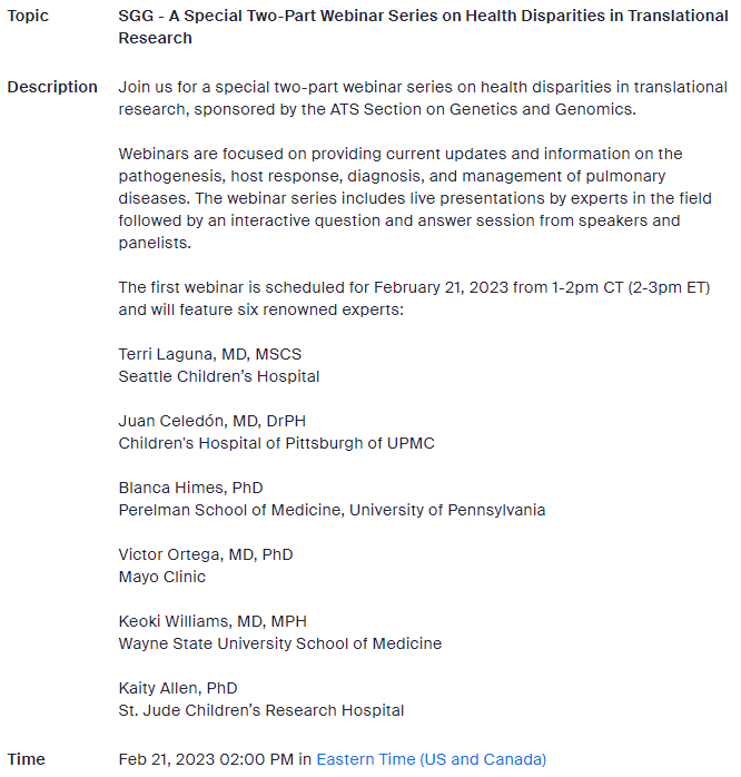 ATS_GG's tweet photo. Join us for a special Two-Part Webinar Series on Health Disparities in Translational Research! Scheduled for 21 Feb 2023 from 2-3pm ET. 
Feat: Drs Laguna, Celedon, Himes, Ortega, Williams, Allen!
Register @ https://t.co/ay8mHONa70 @ATS_Assemblies @terrilaguna @JuanCCeledonMD https://t.co/CvdL9TkLX9