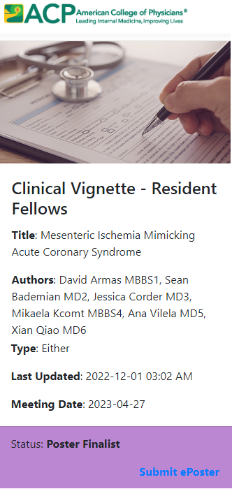 davidarmasf2's tweet photo. So excited to announce that our abstract has been selected as a National Poster Finalist for the 2023 ACP IM Meeting in San Diego, CA!! 
Congratulations to everyone involved and thank you for your valuable contributions!  @MikaelaKcomt #ACP2023 @ACPinternists https://t.co/kL8BsBcJDQ