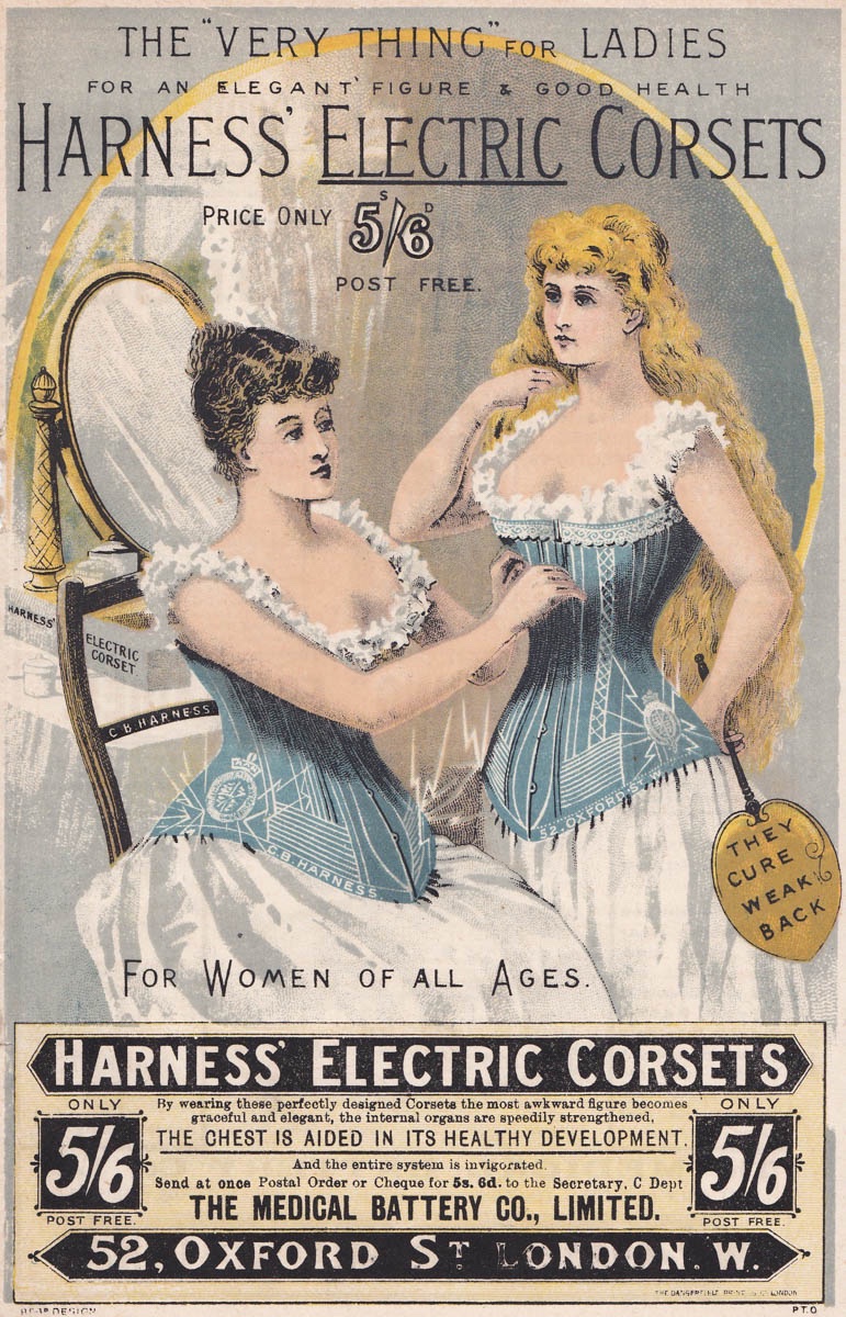 TheUPMuseum's tweet photo. These c. 1880s promotional materials show several models of electric corsets and electropathic belts for sale by Mr. C. B. Harness, including claims that they have treated or cured muscular rheumatism, nervous exhaustion, lumbago, liver complaints, and sleeplessness. https://t.co/rJXHurjgB6