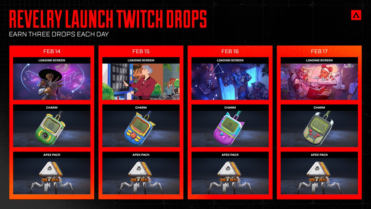 PlayApex's tweet photo. Tune in to streams during the launch of Revelry and earn Twitch Drops! Unlock new weapon charms, Apex Packs, and some fan-favorite loading screens you may have missed out on.

Check out the schedule or learn more about it here: https://t.co/dyYPkPp1jY https://t.co/zyAsSKSPP9