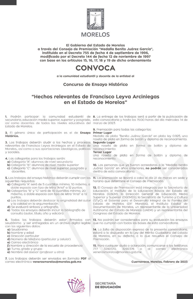Emite <a href="/SEM_Morelos/">Secretaría de Educación Morelos</a> convocatoria para obtener la medalla “Benito Juárez García” 2023

facebook.com/10006455587463…
