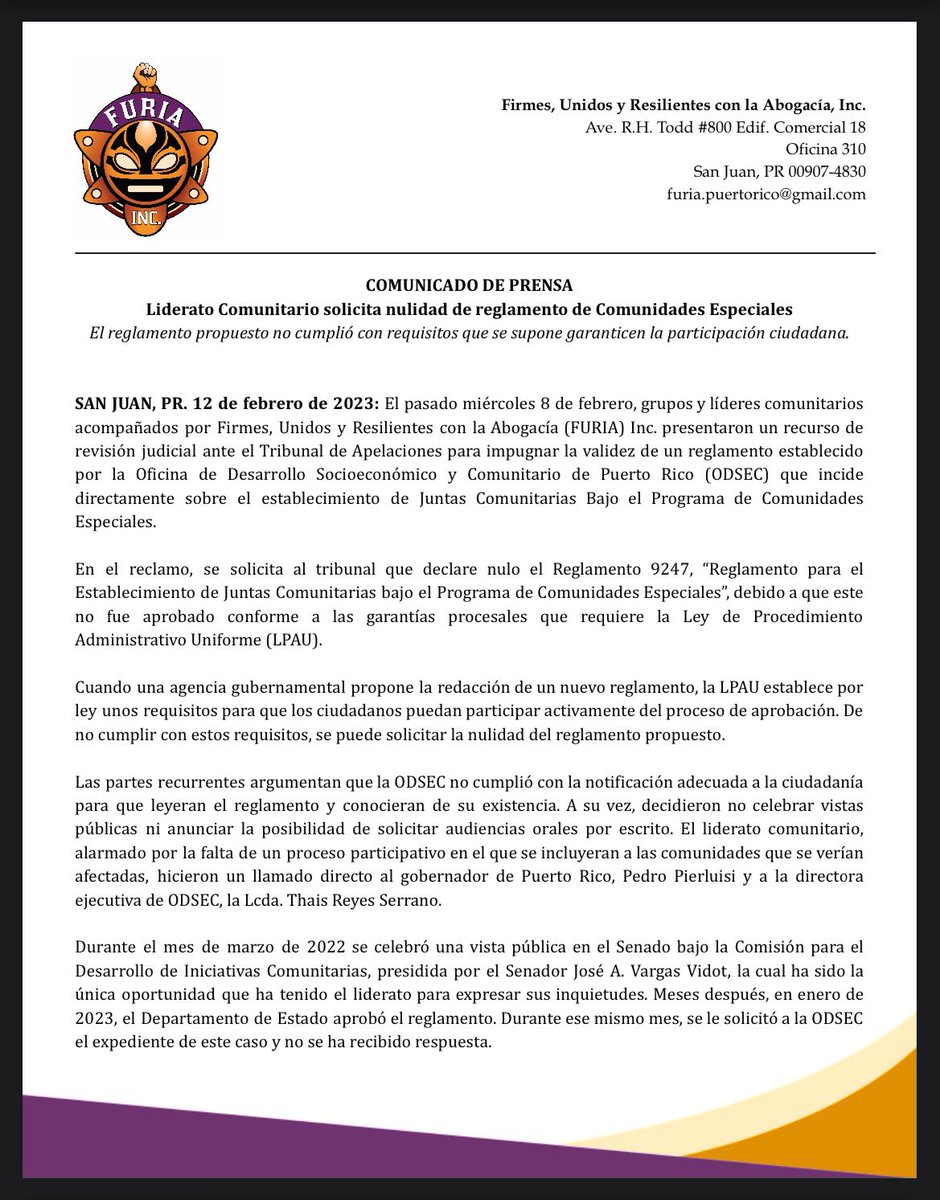 furiainc_pr's tweet photo. #ComunicadodePrensa | Liderato comunitario representado por FURIA, Inc solicita nulidad de reglamento de comunidades especiales https://t.co/nN2f7oVN2J
