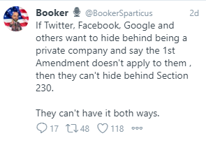 BadSec230Takes's tweet photo. Those companies are private, and the #FirstAmendment is a restraint on government, not on private actors. Your speech, along with millions of others online, is empowered and available on platforms because of #Section230. h/t @TheCenterStripe for the tag. Please do more folks! https://t.co/AJZiQ0xgqw