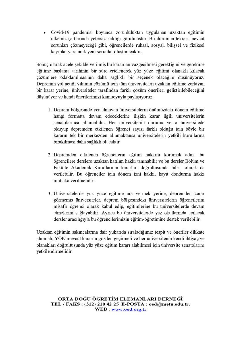 ORTA DOĞU ÖĞRETİM ELEMANLARI DERNEĞİ
BASIN BİLDİRİSİ

ÜNİVERSİTELER YÜZ YÜZE EĞİTİME DEVAM ETMELİDİR