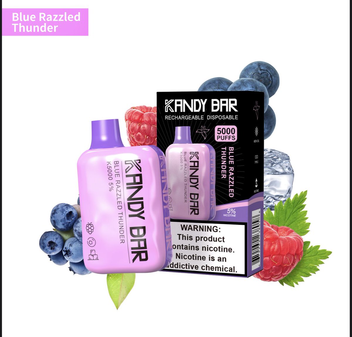 kandybarvape's tweet photo. Get ready to be struck by flavor! 💥 Introducing the Blue Razzled Thunder disposable vape from Kandy Bar. A burst of blue raspberry in every puff. #KandyBar #BlueRazzledThunder #VapingMadeEasy https://t.co/2TF7uQQruu