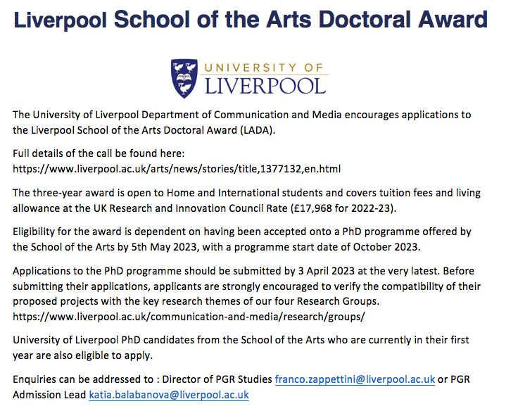 Check this out! The School of the Arts at Liverpool University has funding available for PhDs (full time, three years). This includes for my department, Communication and Media. liverpool.ac.uk/arts/news/stor…