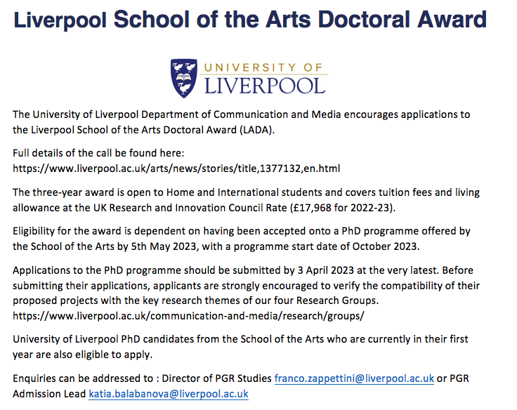 _Sarah__Thomas_'s tweet photo. Check this out! The School of the Arts at Liverpool University has funding available for PhDs (full time, three years). This includes for my department, Communication and Media.
https://t.co/9Mf5Wbij6m https://t.co/4hNS8MpS2Q
