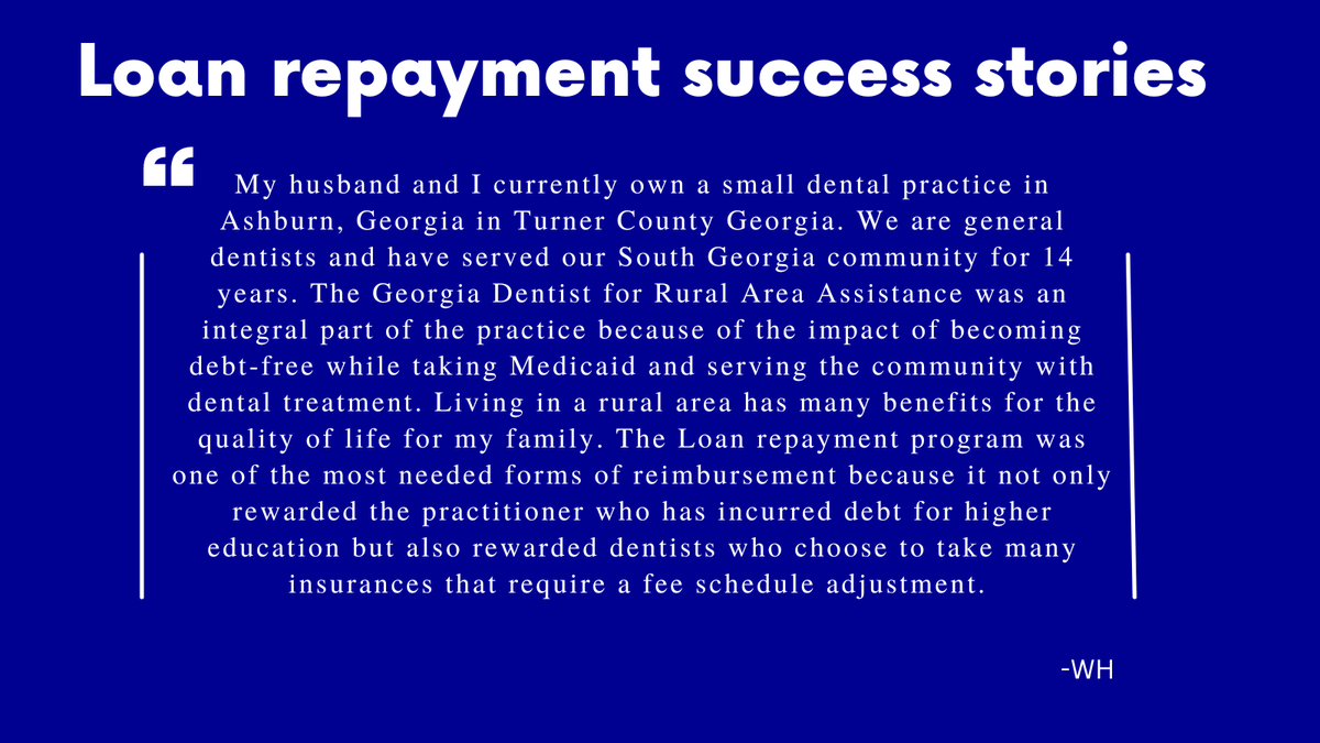 GaBoardHCW's tweet photo. Wallis Hobby is a loan repayment recipient from our Dentists for Rural Areas Assistance Program and has served the rural community for over 14 years. Check out his success story.
Visit our programs here: https://t.co/BfVpQ4s1aH https://t.co/SB3Pw5Mj9x