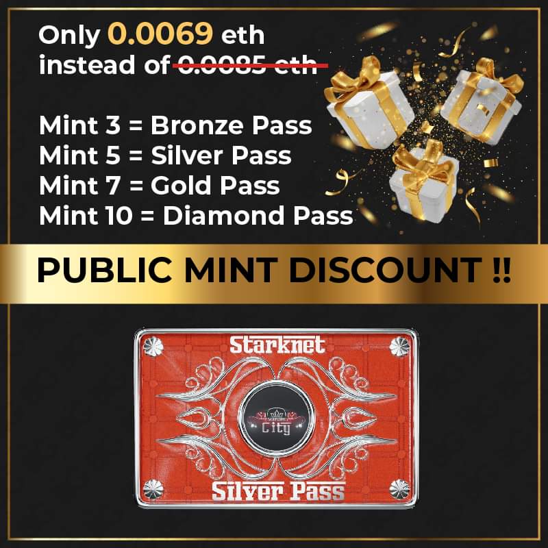 #starknetcity Mint Now!

Thanks to #starknet community putting up with our mistakes &amp; still support

We have a mass DISCOUNT ‼️

PUBLIC PRICE set as  equal as 0.0069eth (WL)

Mint at starknet.city

Pass = scarce resource, low supply only

RT for chance to win free NFTs