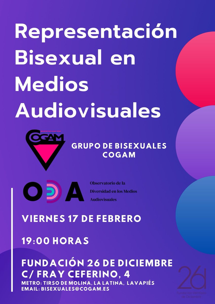 Este viernes charlaremos sobre representación bisexual en los medios audiovisuales con <a href="/OdaEsp/">ODA 🏳️‍🌈🏳️‍⚧️</a>.
Esta vez no nos reuniremos en @cogam sino en la sede de la Fundación 26 de Diciembre.
¡Gracias <a href="/OdaEsp/">ODA 🏳️‍🌈🏳️‍⚧️</a> y <a href="/fundacion26D/">Fundación 26 de Diciembre</a> por colaborar con nosotras!
¡Nos vemos el viernes a las 19h!